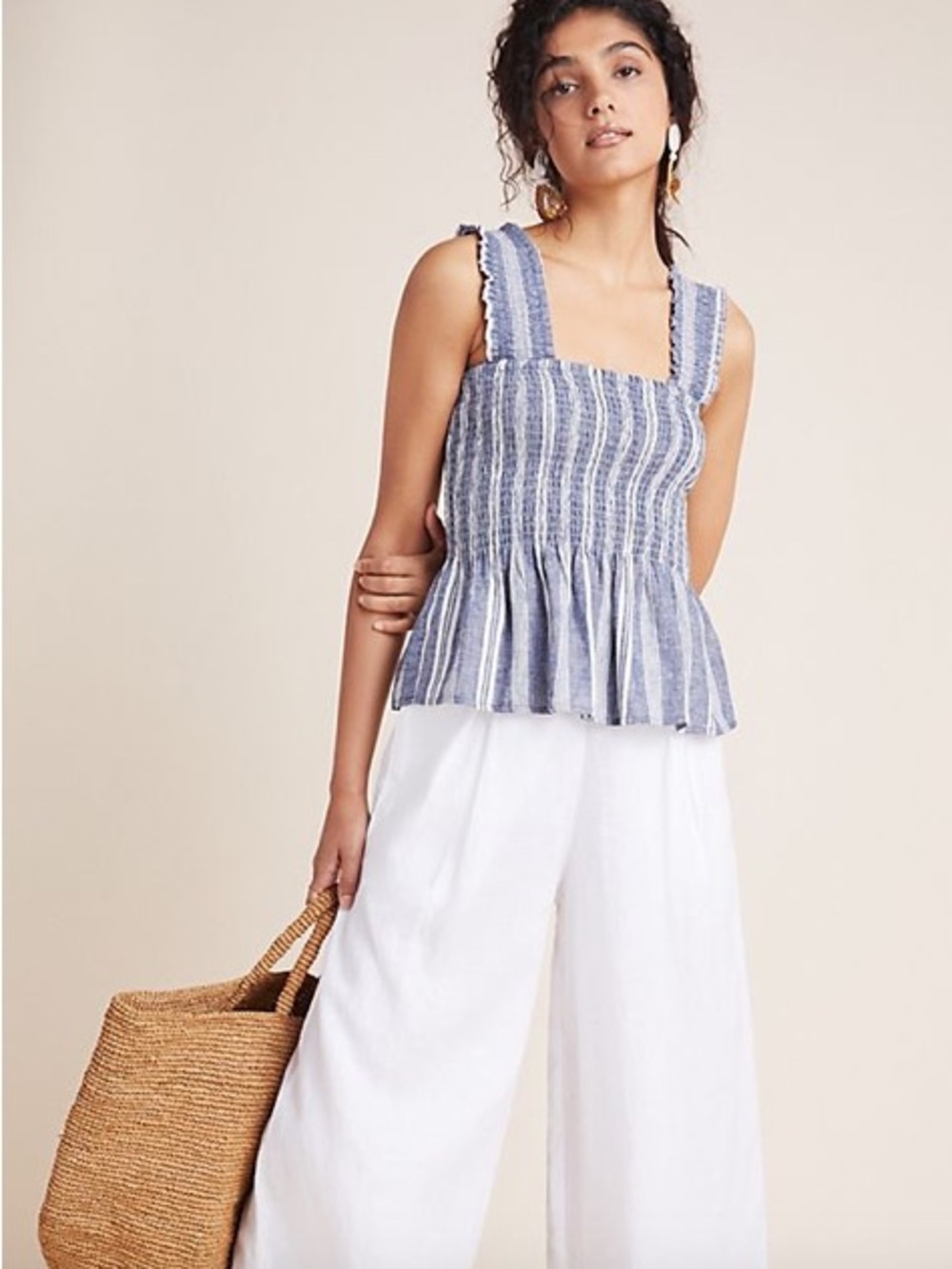Maeve Anthropologie Blue and White Striped Smocked Peplum Camisole Medium linen